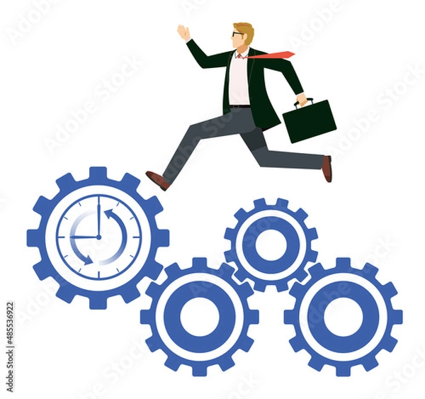 Fototapeta 時計付きの歯車の上を走る白人男性のビジネスマン会社員のアバター　ビジネスイメージ労働生産性
