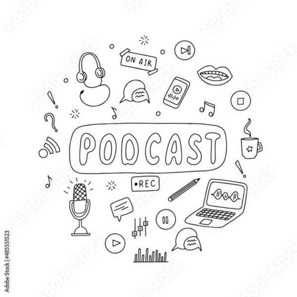 Fototapeta Podcasting set of hand drawn black and white icons. Broadcasting doodle elements. Vector illustration