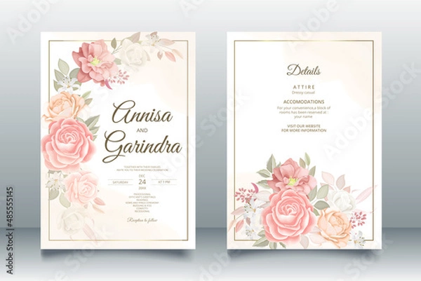 Obraz Beautiful brown  floral frame wedding invitation card template Premium Vector
