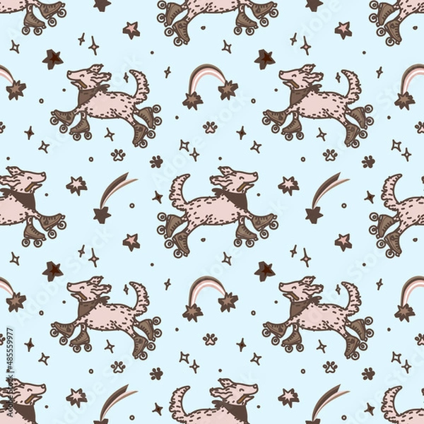 Obraz Seamless vintage pattern with funny dogs on roller skates.