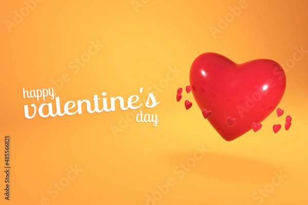 Obraz Happy Valentines Day banner with 3d red hearts on orange background. Gift card, love party, invitation voucher design, poster template, place for text, flyer