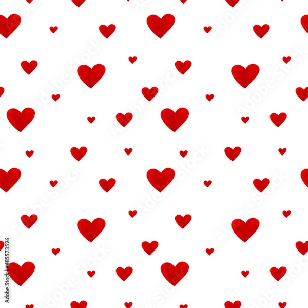 Obraz Big and small hearts on a white background. Red hearts in watercolor. Seamless pattern. For decoration for a holiday. Valentine's day, birthday, wedding.