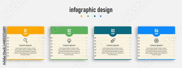 Fototapeta Infographic design for business concept with note papers. Can be used for info graphics, flow charts, presentations, web sites, banners, label template with icons. 4 options or steps.