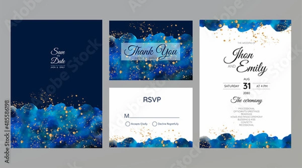 Fototapeta Set of wedding cards, invitation. Save the date sea style design. Blue watercolor wash. Summer background. Hand drawn seashells with golden texture..
