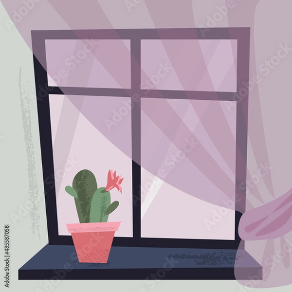 Obraz Window with cactus in pots on windowsill. Vector flat cartoon illustration. Cute cozy window with houseplant and curtain