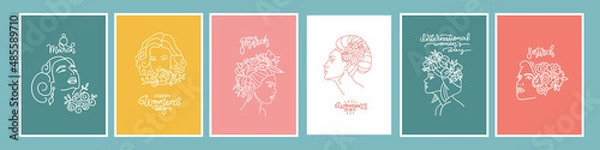 Obraz International womens day postcards collcetion. Set of postcards with line art portraits of beautiful women with flowers. Templates for cards,posters, flyers. Linear vector illustration with lettering