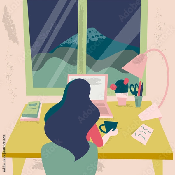 Obraz Freelancer woman is sitting in front of windows with landscape. View from the window front of workplace. Cartoon flat illustration