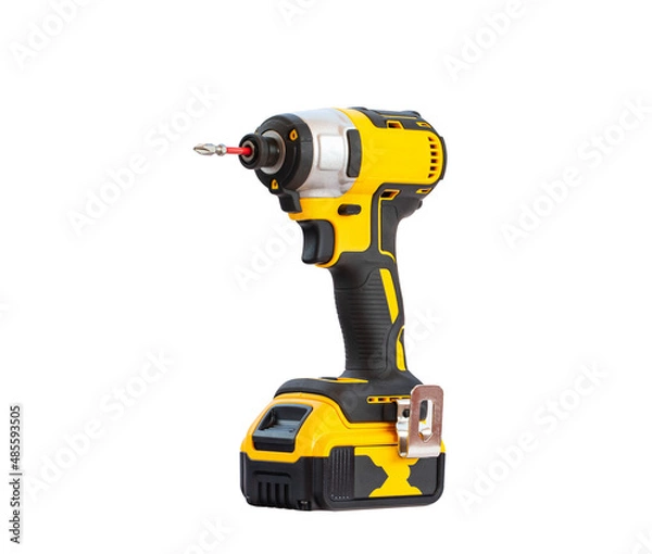 Fototapeta The yellow and black cordless battery powered drill isolated on white background.
