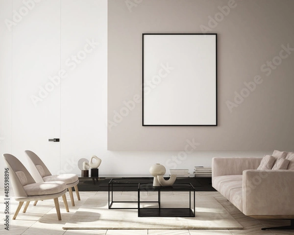 Obraz mock up poster frame in modern interior background, living room, Scandinavian style, 3D render, 3D illustration