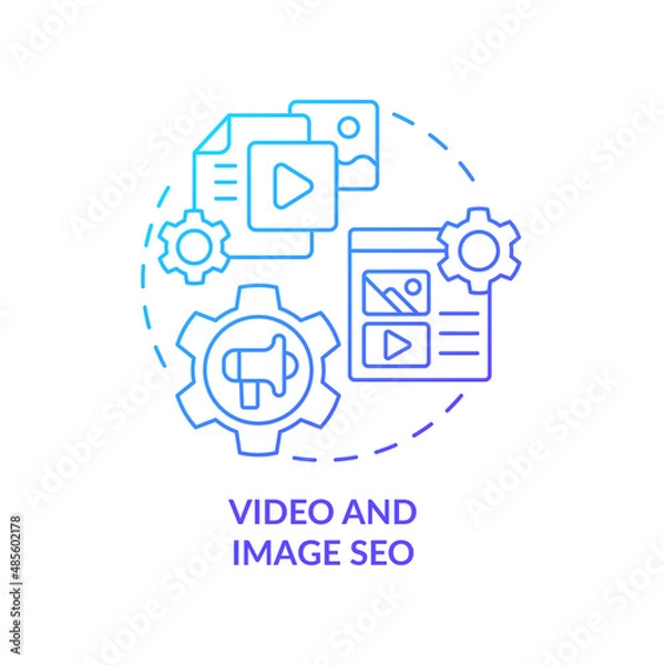 Fototapeta Video and image SEO blue gradient concept icon. Promotion product. Digital marketing trend abstract idea thin line illustration. Isolated outline drawing. Myriad Pro-Bold font used