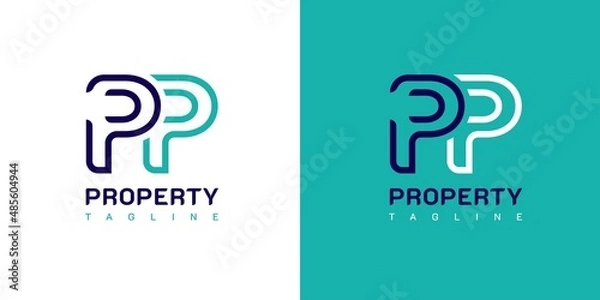 Fototapeta Letter PP, P Logo Design. Property Logo. On white, cyan, and blue colors. Simple, luxurious, and elegant template illustration vector