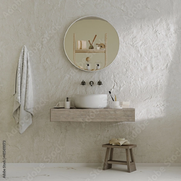 Fototapeta sink with mirror on wooden stand with bath accessories, toothbrushes and towel, 3d rendering