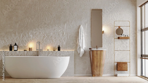 Fototapeta modern bathroom interior with tub and wooden stand sink, mirror, bath accessories, 3d rendering