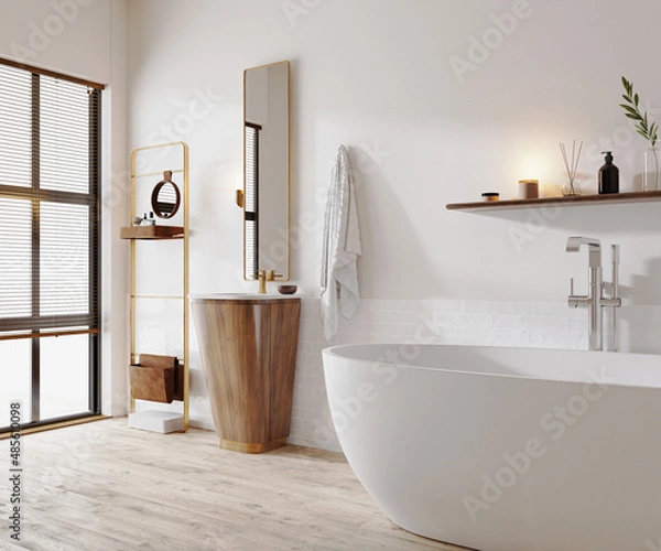 Fototapeta Luxury modern home bathroom interior with light wall and window, wooden furniture and sink with mirror, bathtub, 3d rendering