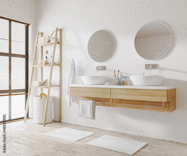 Fototapeta Modern apartment bathroom interior with two sinks, wooden cabinets and ladder, towels and window, 3d rendering