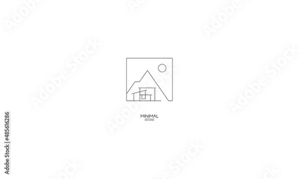 Fototapeta A line art icon logo of a mountain, house and sun.