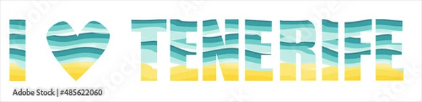 Fototapeta I love Tenerife island vector lettering. Blue sea and yellow sand stripes. Greeting card, banner or poster design.