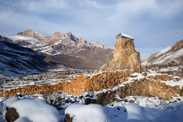 Fototapeta Ancient towers of Upper Balkaria in the winter in the snow