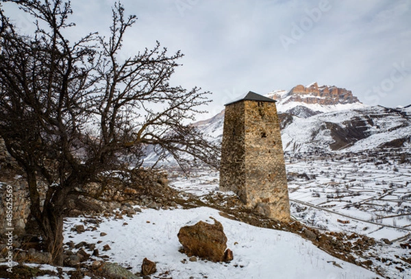 Fototapeta Ancient towers of Upper Balkaria in the winter in the snow