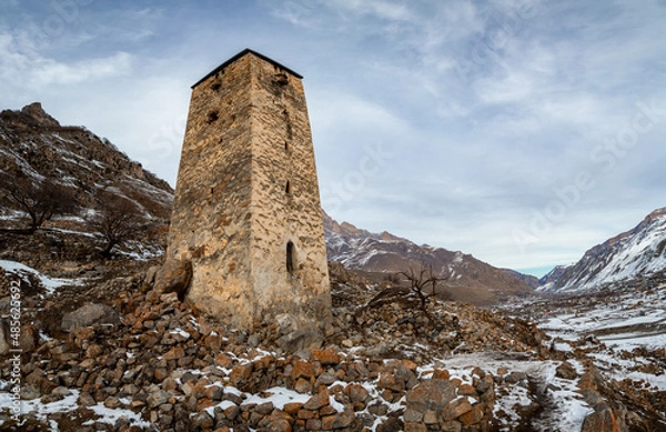 Fototapeta Ancient towers of Upper Balkaria in the winter in the snow