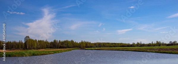 Fototapeta Spring background with a beautiful landscape on the river, nature in summer