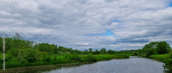 Fototapeta Spring background with a beautiful landscape on the river, nature in summer