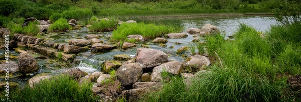 Fototapeta Spring background with a beautiful landscape on the river, nature in summer
