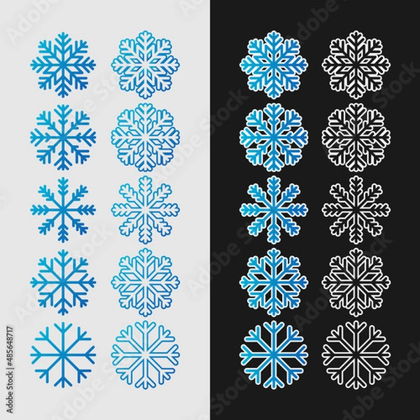 Fototapeta Set of round and square icons of snowflakes silhouettes. New Year's mood in flat style.