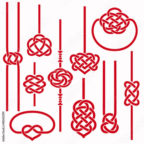 Fototapeta Chinese braid and stripes . Red template symbols, knots - heart, flower, infinity, double coin. Ethnic ornament .Trendy print for design. Vector set.