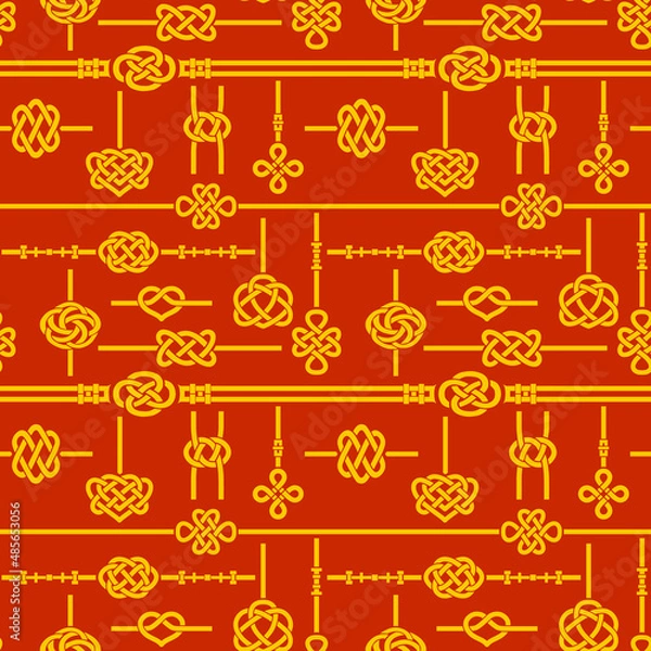 Fototapeta Seamless pattern in chinese style. Red and gold template symbols, knots - heart, flower, infinity, double coin. Ethnic ornament .Trendy print for design. Vector clipart,