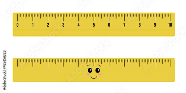 Fototapeta Cute wooden or plastic ruler measure instrument kawaii isolated on white background. Yellow school measuring ruler in centimeters scale. Vector flat illustration
