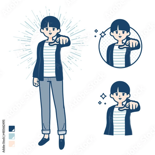 Fototapeta ひとつ結びヘアーの女性が正面を指差しているイラスト