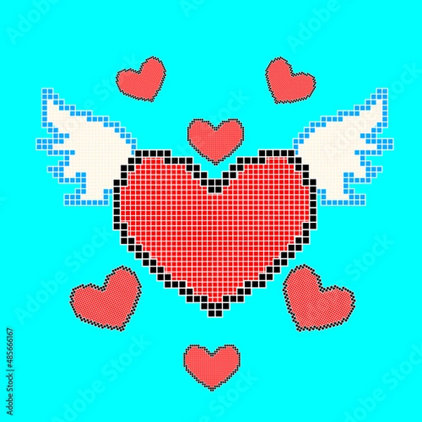 Fototapeta Pixel art. Heart with wings on a blue background. Valentine's Day.