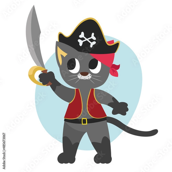 Obraz Pirate cat holding saber. Anthropomorphic animal in flat style