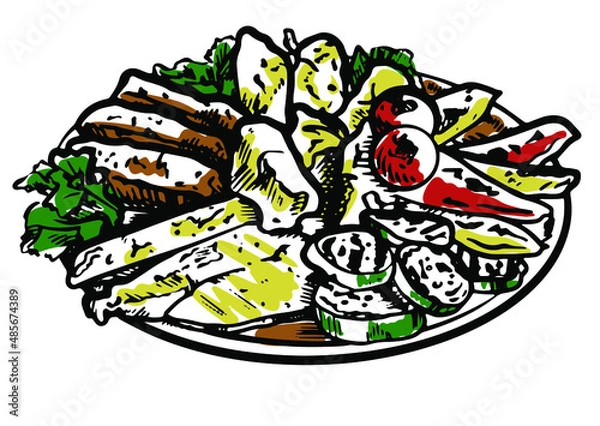Fototapeta hand drawn vector illustration of a grilled vegetables and meat