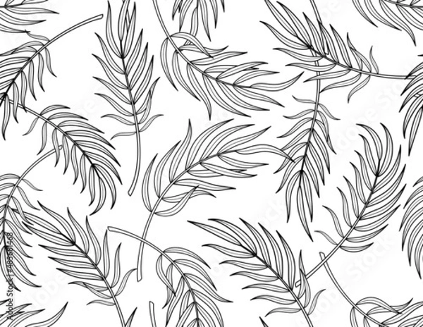 Fototapeta Tropical palm leaves. Summer background template. Seamless pattern of tropical palm branches. Isolated black outline on a white background. Vector illustration