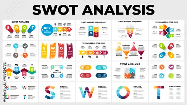 Obraz SWOT Analysis. Business Infographics. Presentation slide templates. 4 steps, parts, options. Financial charts, graphs, circle diagrams and reports.
