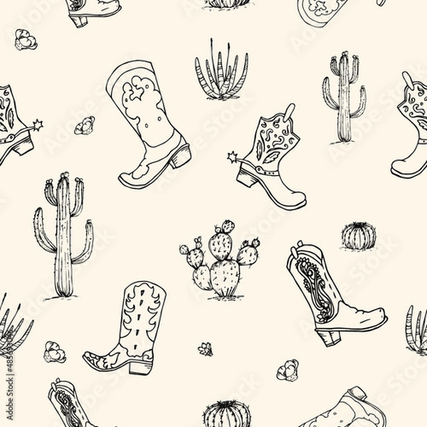 Obraz pattern, cacti and cowboy boots on a beige background 