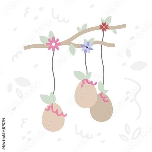 Obraz Vector ester cute flat Illustration with composition of twigs and easter eggs, leafs, flowers and simple doodle on white background for card or print.