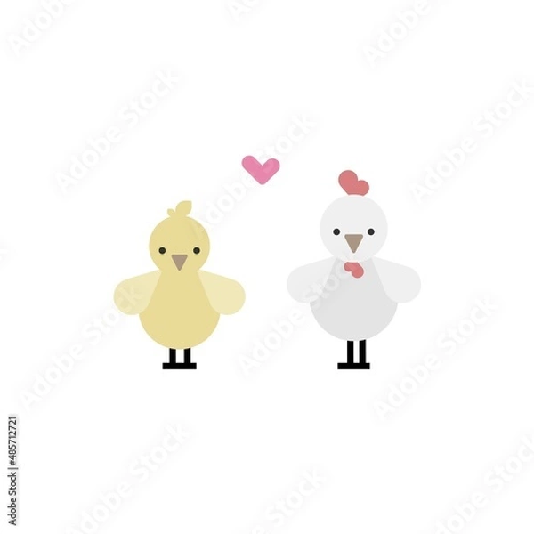 Obraz Vector flat cute illustrations with hen and chicken and little heart on white background for card, poster or print.