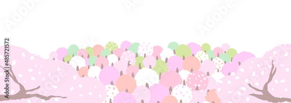 Fototapeta 桜咲く山の風景　ほっこり、はんなりとしたやさしい色使いの背景イラスト