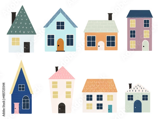 Obraz いろんな家の手描き風イラストベクター素材セット