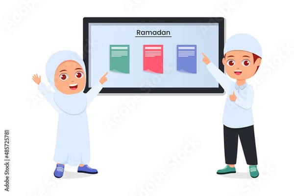 Obraz Cute girl and boy preparing Activity Schedule for the holy month of Ramadan