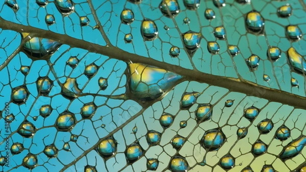 Obraz gouttes de pluie sur feuille de Pipal décomposée. (Figuiers des Pagodes ou Ficus Religiosa)