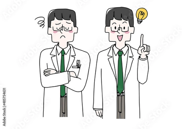 Fototapeta がっかりしている医師とアイディアを思いついた医師のセット　コミカルな手書きの人物　