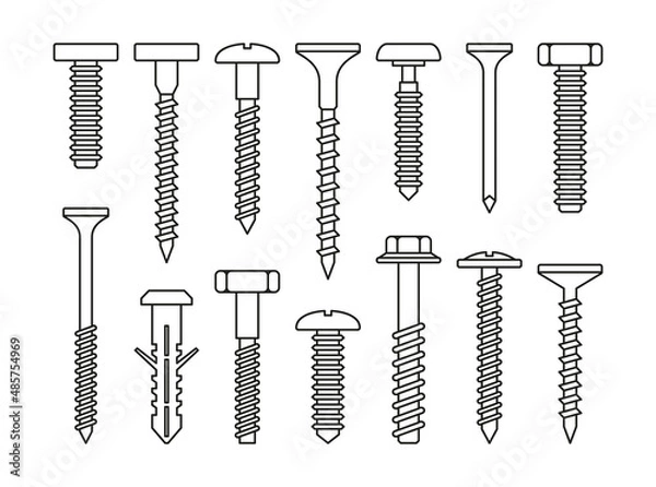 Fototapeta Fasteners, Bolt and Screws Set on White Background. Vector