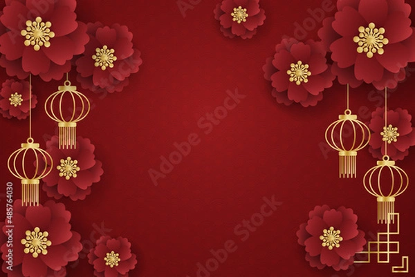 Fototapeta Chinese New Year festival banner design of red flowers with golden lantern on red background for your copy space.