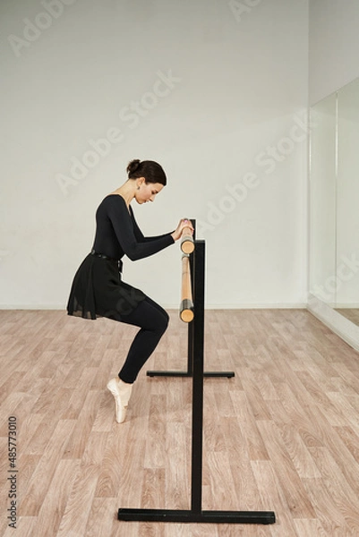 Fototapeta a ballerina in pointe shoes on her toes gets up from a squat at a ballet barre and holds on to it with her hands in front of a mirror