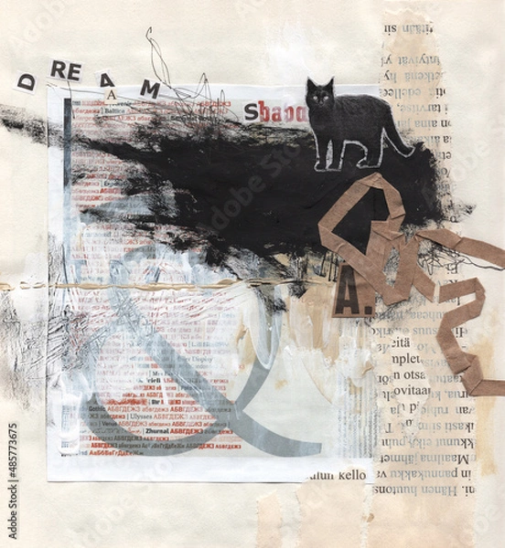 Fototapeta Art collage with a cat made of different paper and paints for background design, postcards, illustrations, posters, advertising