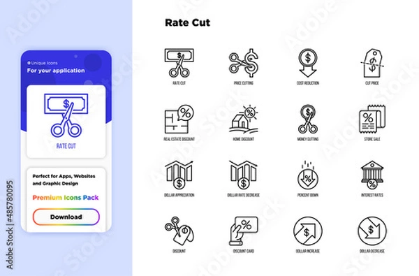 Fototapeta Rate cut thin line icon set: cutting price, cost reduction, sale, discount, receipt, loyalty card, interest. Modern vector illustration.